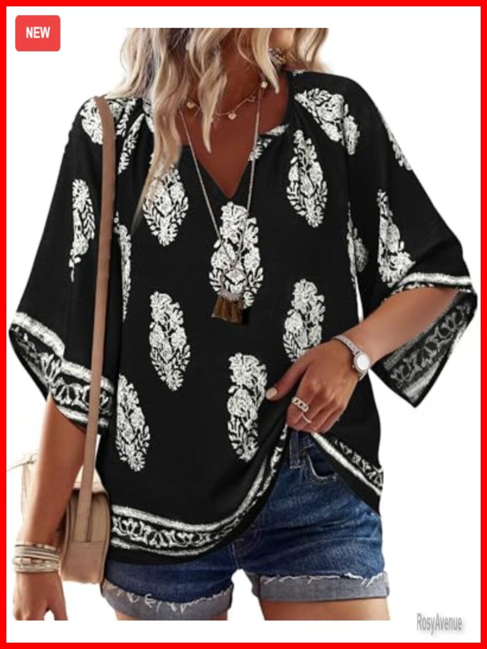 Womens 3/4 Sleeve V Neck Bohemian Peasant Blouse Casual Loose Fit Tunic Top